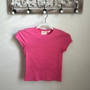 This is an anthropologie pink ribbed top with a modest neckline.